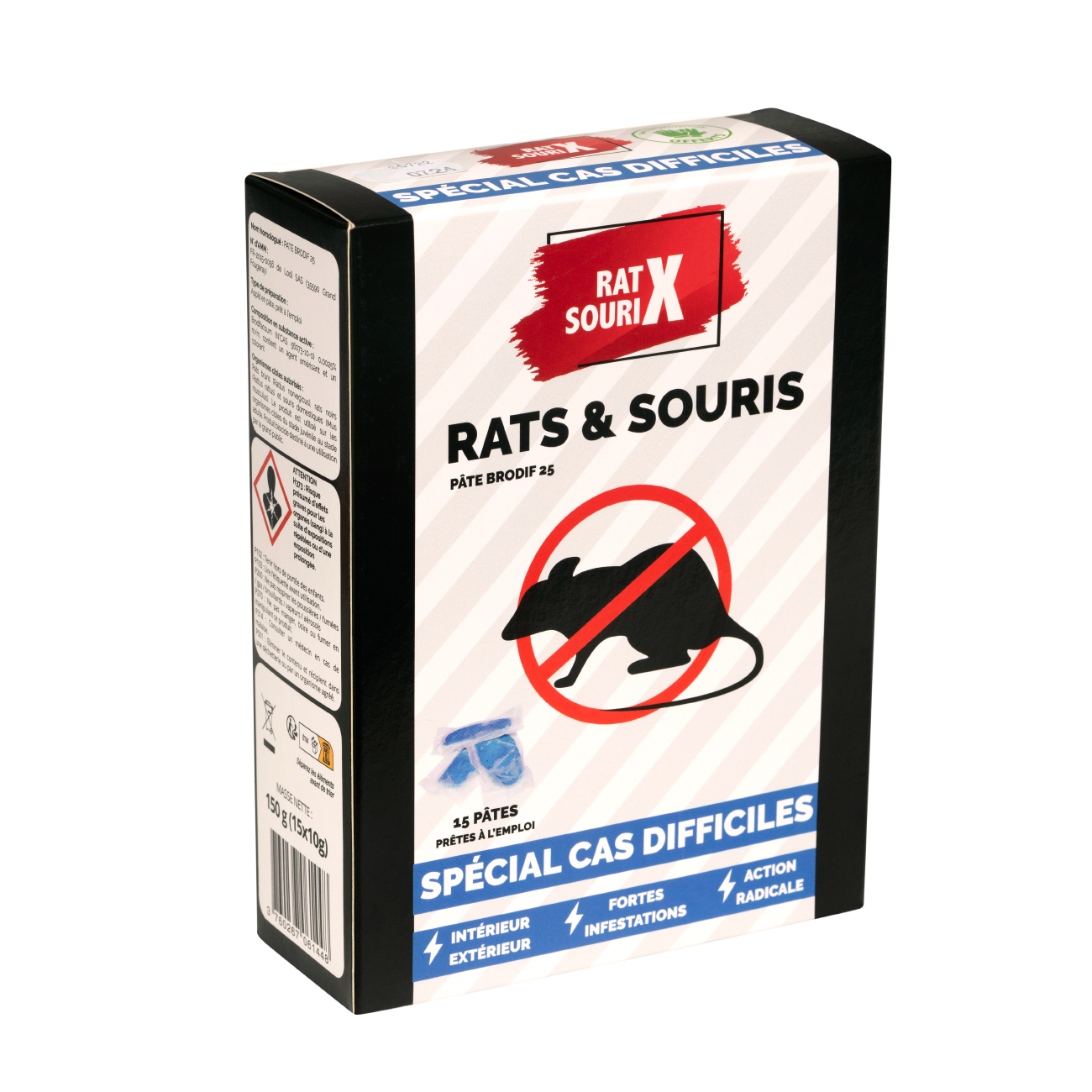 RatX SouriX Pâtes Bleues Brodif 25 – 150g – Appât Renforcé Anti-Rats et Souris – Cas Difficiles - Fabriqué en France