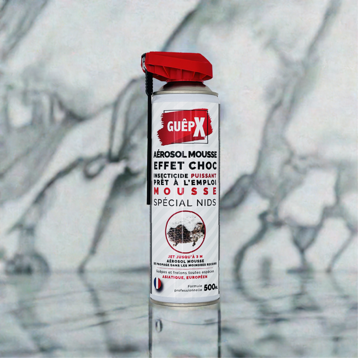 GuêpX Aérosol Mousse 500mL – Jet Mousse 3m – Insecticide Choc Nids de Guêpes et Frelons - Fabriqué en France